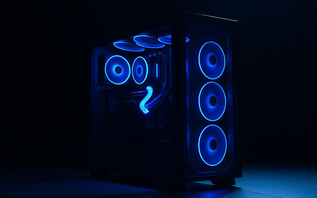 Custom water-cooled gaming PC tower with blue LED lighting in a dark room