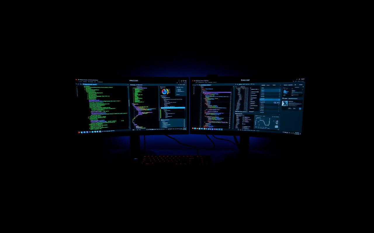 Dark desk setup with two wide monitors showing code and dashboards