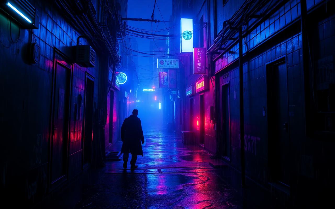 Neon-lit rainy cyberpunk alley at night with a lone figure walking