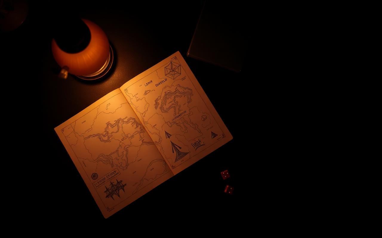 Overhead view of a hand-drawn campaign map, dice and notes lit by a single lamp